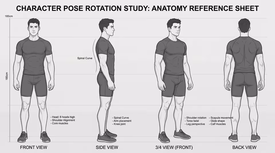 Pose rotation reference sheet with front, side, three-quarter, and back views